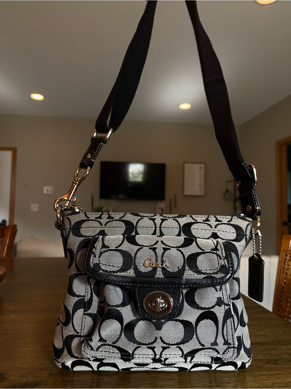 Coach Black and Cream Signature Canvas Shoulder Bag with Turn-Lock Flap